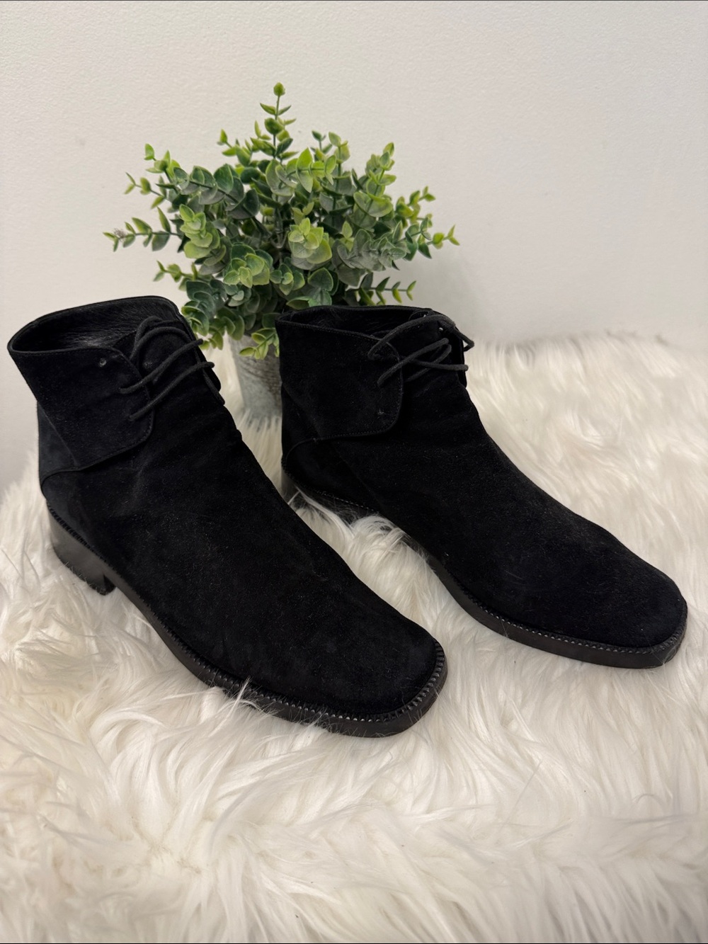 High end Black Suede Lace-Up Ankle Boots with protective cover on sole